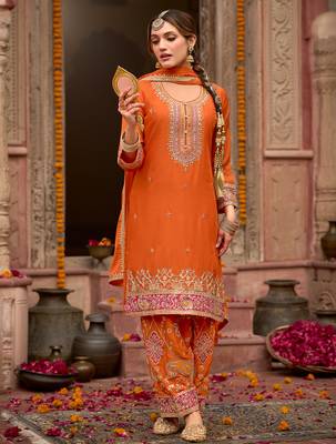 Orange embroidered chinon kurta trouser dupatta set 3