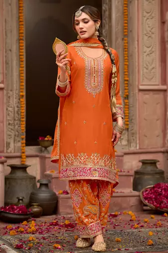 Orange embroidered chinon kurta trouser dupatta set