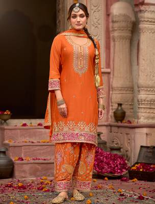 Orange embroidered chinon kurta trouser dupatta set 4