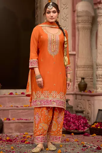 Orange embroidered chinon kurta trouser dupatta set