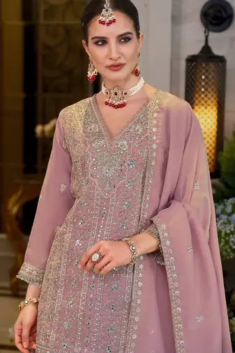 Pink embroidered chinon kurta trouser dupatta set