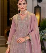 Pink embroidered chinon kurta trouser dupatta set