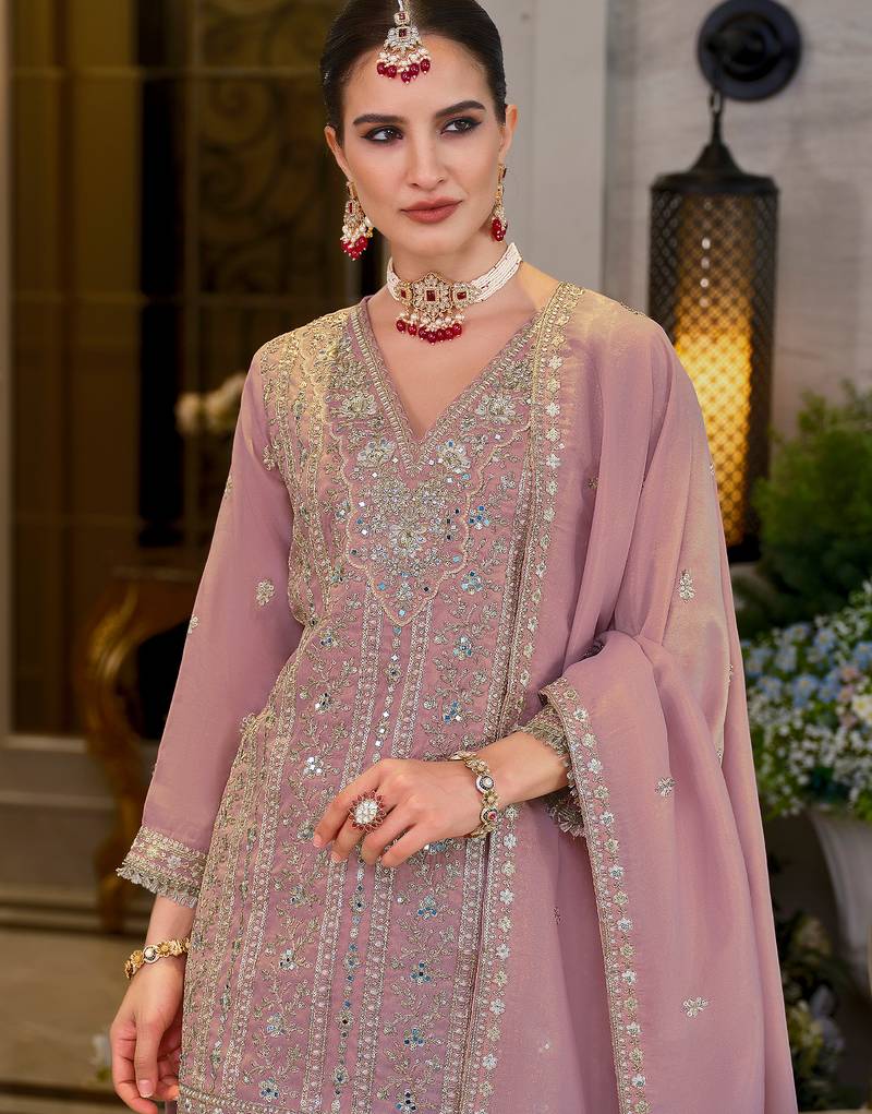 Pink embroidered chinon kurta trouser dupatta set