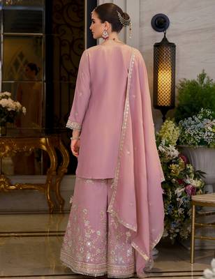 Pink embroidered chinon kurta trouser dupatta set 2