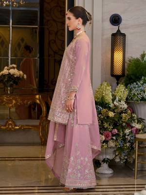 Pink embroidered chinon kurta trouser dupatta set 3