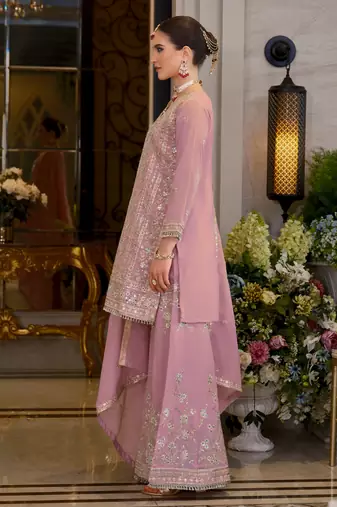 Pink embroidered chinon kurta trouser dupatta set