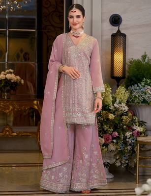 Pink embroidered chinon kurta trouser dupatta set 4