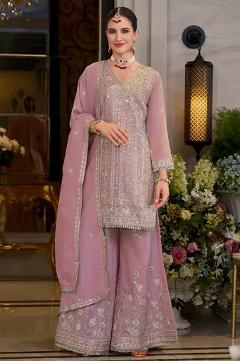 Pink embroidered chinon kurta trouser dupatta set