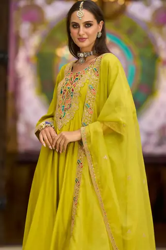 Yellow embroidered silk kurta trouser dupatta set