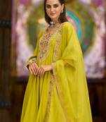 Yellow embroidered silk kurta trouser dupatta set