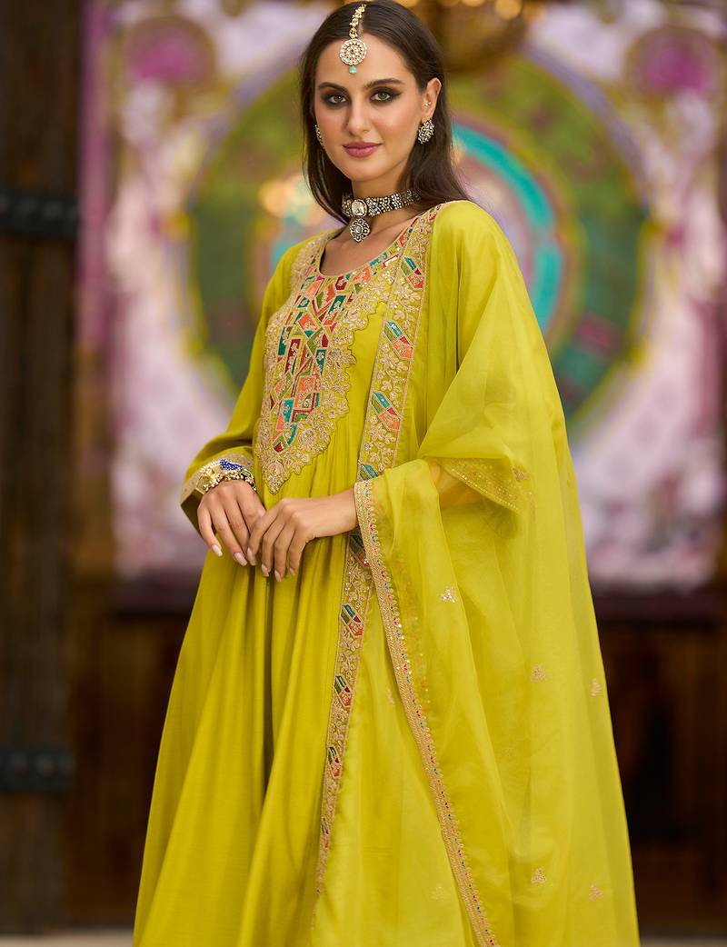 Yellow embroidered silk kurta trouser dupatta set