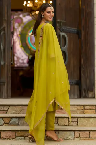 Yellow embroidered silk kurta trouser dupatta set