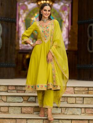 Yellow embroidered silk kurta trouser dupatta set 3