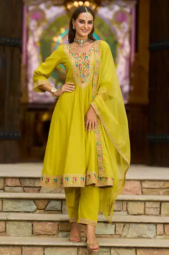 Yellow embroidered silk kurta trouser dupatta set