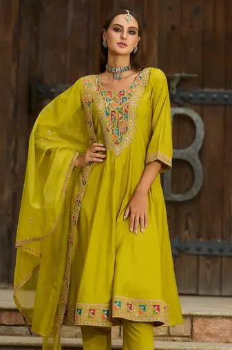 Yellow embroidered silk kurta trouser dupatta set