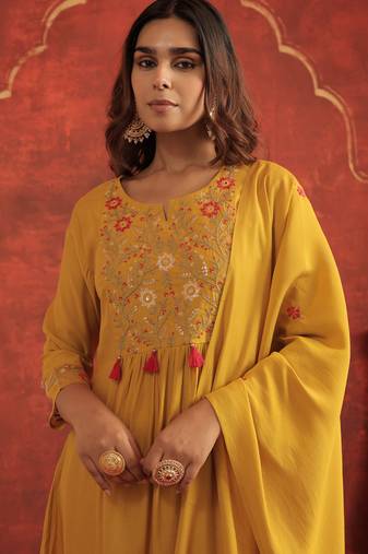 Mustard embroidered silk kurta trouser dupatta set