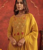 Mustard embroidered silk kurta trouser dupatta set
