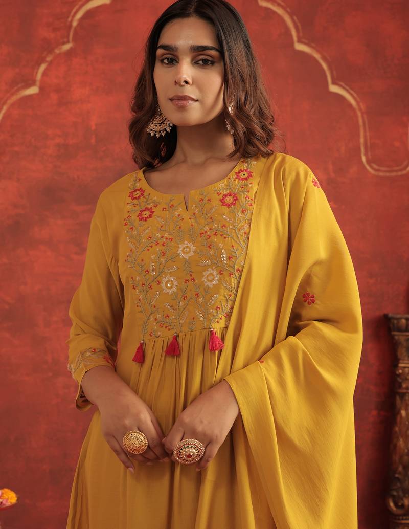 Mustard embroidered silk kurta trouser dupatta set