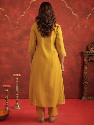 Mustard embroidered silk kurta trouser dupatta set 2