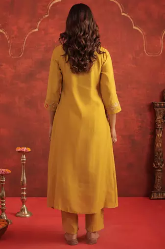 Mustard embroidered silk kurta trouser dupatta set