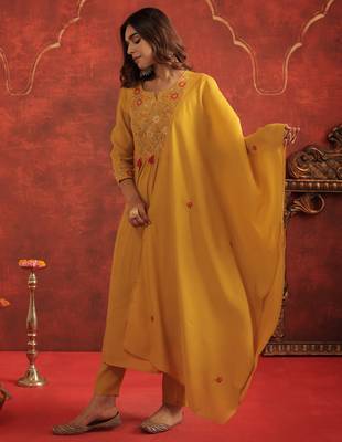 Mustard embroidered silk kurta trouser dupatta set 3