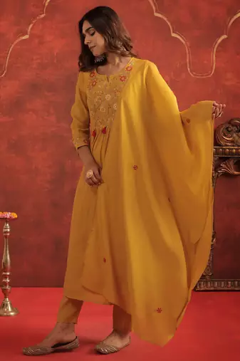 Mustard embroidered silk kurta trouser dupatta set