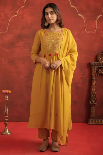 Mustard embroidered silk kurta trouser dupatta set