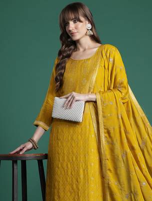 Yellow embroidered silk kurta trouser dupatta set 1