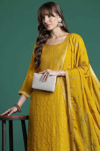 Yellow embroidered silk kurta trouser dupatta set