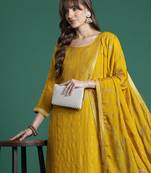 Yellow embroidered silk kurta trouser dupatta set