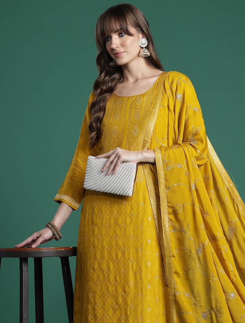 Yellow embroidered silk kurta trouser dupatta set