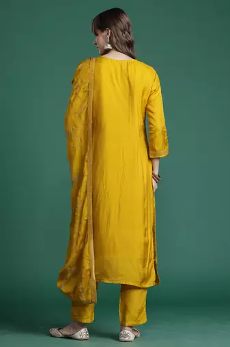 Yellow embroidered silk kurta trouser dupatta set