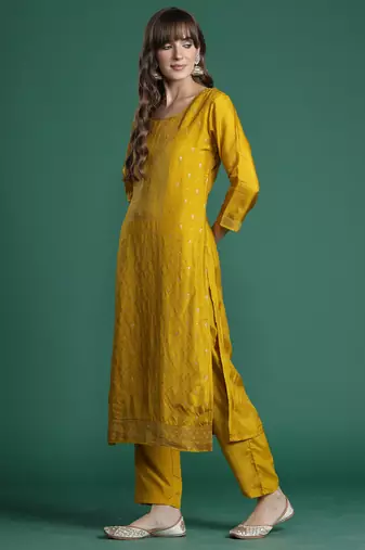 Yellow embroidered silk kurta trouser dupatta set
