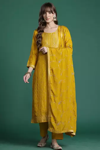 Yellow embroidered silk kurta trouser dupatta set