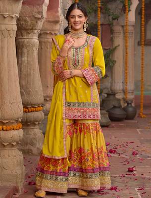 Yellow embroidered chinon kurta trouser dupatta set 1