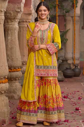 Yellow embroidered chinon kurta trouser dupatta set
