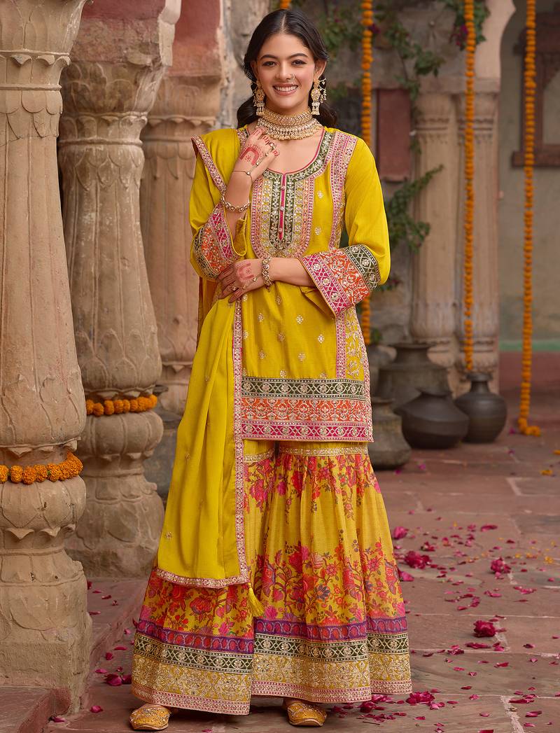 Yellow embroidered chinon kurta trouser dupatta set