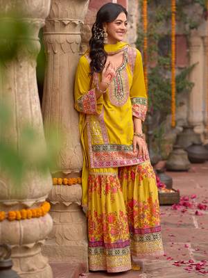 Yellow embroidered chinon kurta trouser dupatta set 2