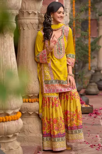 Yellow embroidered chinon kurta trouser dupatta set