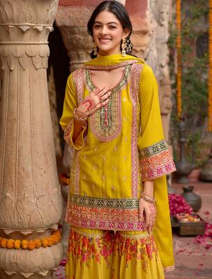 Yellow embroidered chinon kurta trouser dupatta set 3