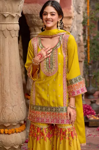 Yellow embroidered chinon kurta trouser dupatta set
