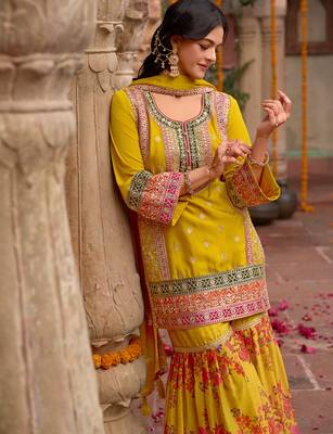 Yellow embroidered chinon kurta trouser dupatta set 4