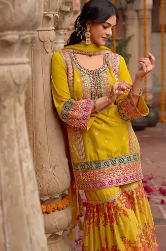 Yellow embroidered chinon kurta trouser dupatta set
