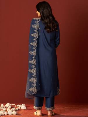 Navy blue embroidered chinon kurta trouser dupatta set 2