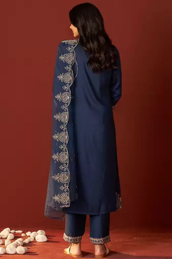 Navy blue embroidered chinon kurta trouser dupatta set