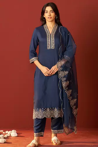Navy blue embroidered chinon kurta trouser dupatta set