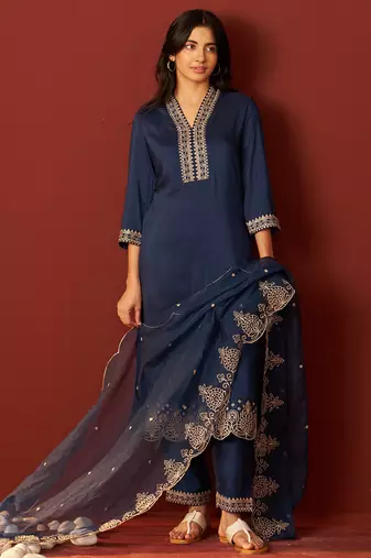 Navy blue embroidered chinon kurta trouser dupatta set