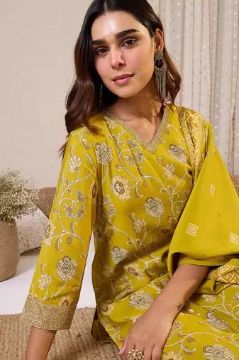 Olive printed chanderi silk kurta trouser dupatta set