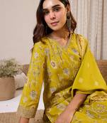 Olive printed chanderi silk kurta trouser dupatta set