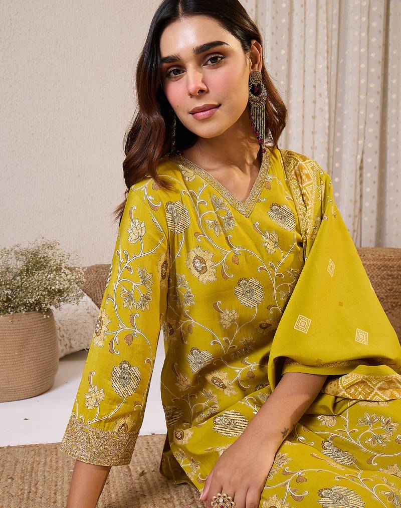 Olive printed chanderi silk kurta trouser dupatta set